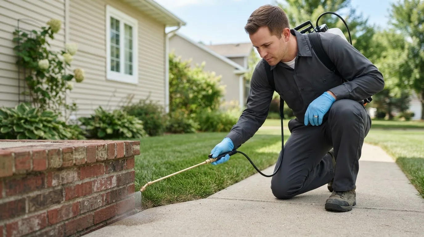 Pest control technician treating a home near Aquilla, TX